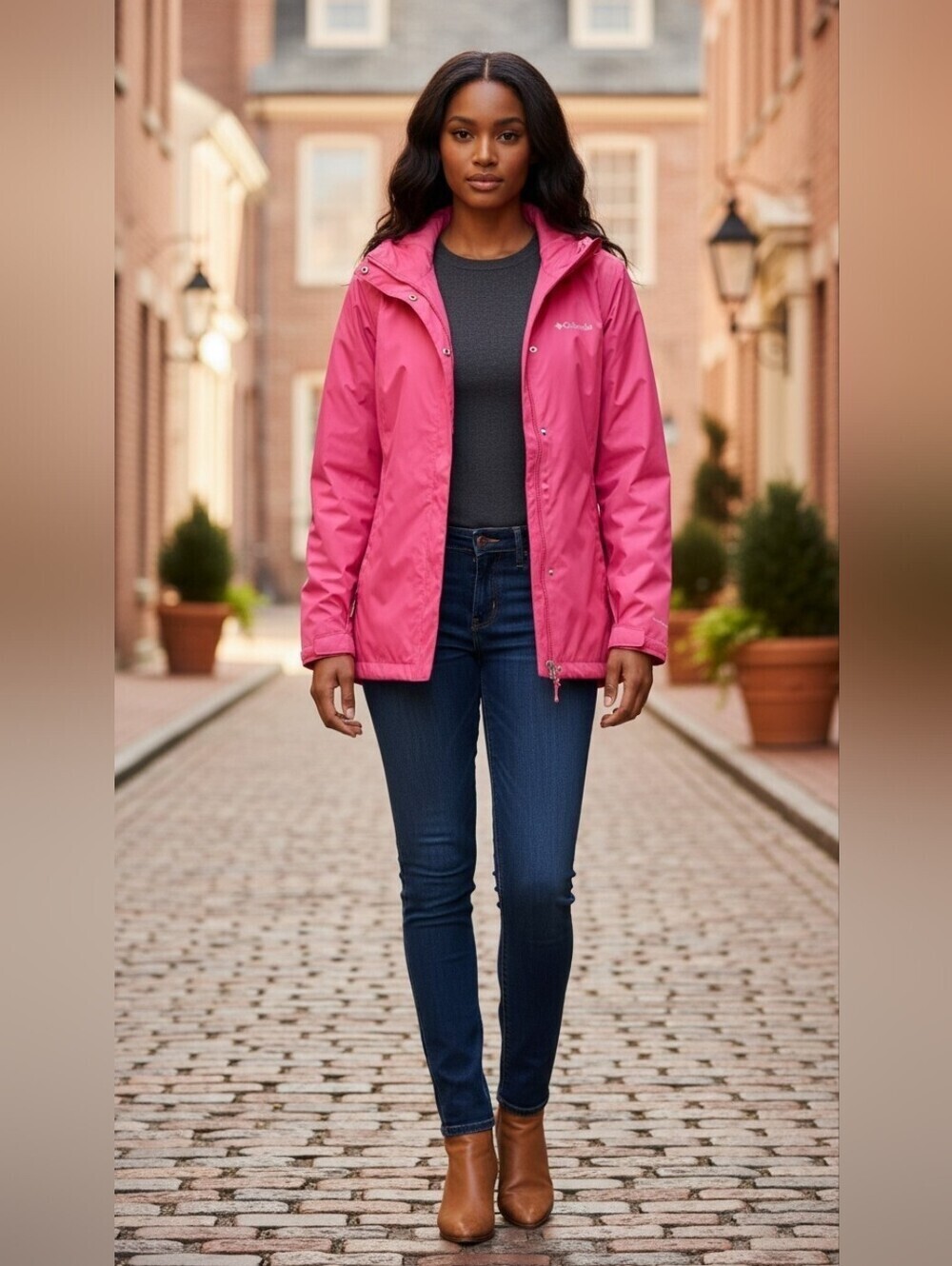 Columbia Omni-Tech Waterproof Raincoat Hot Pink Hooded Jacket Women Size L